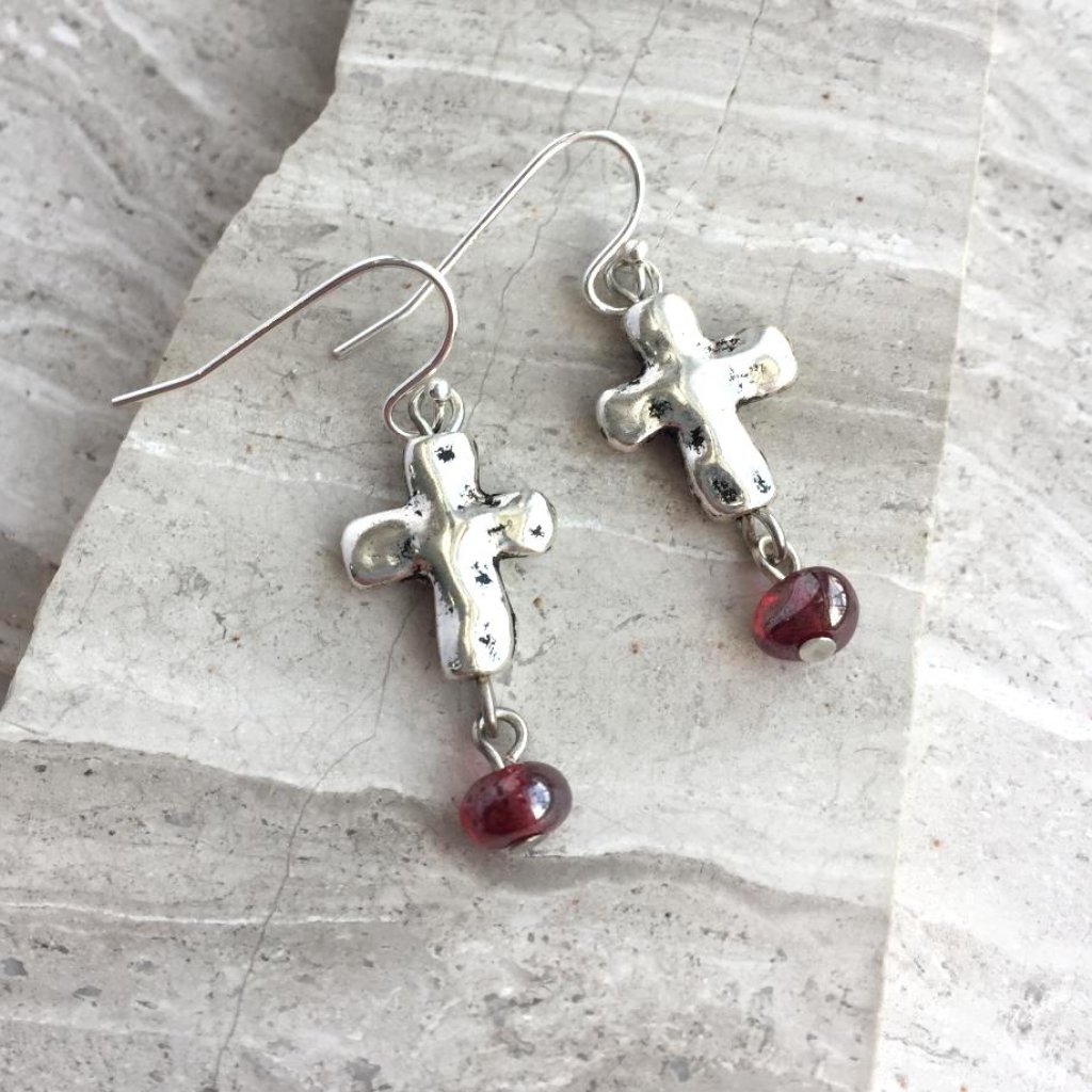 Sterling Silver Natural Cross Red Bead Earrings